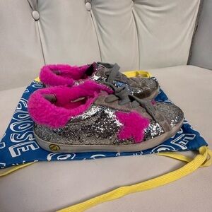 Golden Goose Silver Glitter Sneakers with Pink Star, Size 32